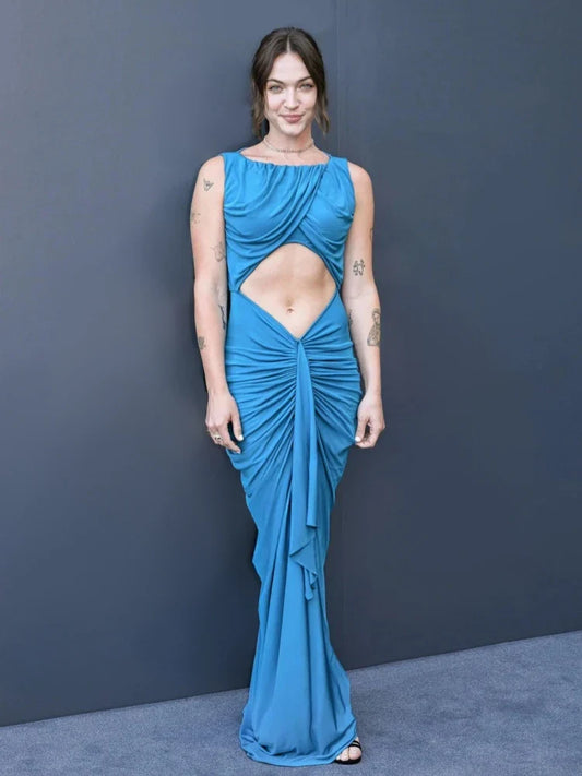 Blue Cut-Out Gathered Sheath Gown | Evening Statement Dress
