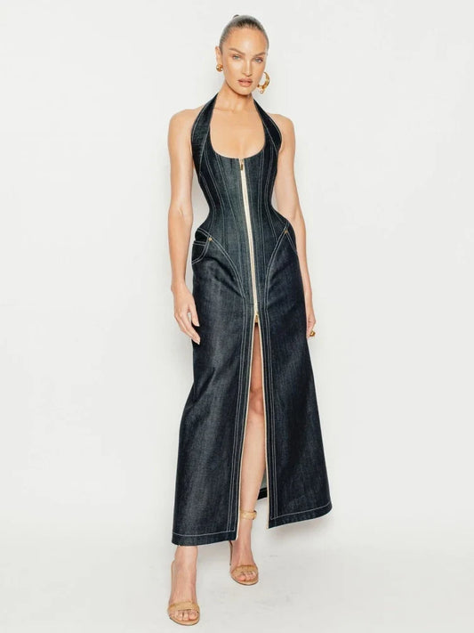 Denim Halter Neck Backless Maxi Dress