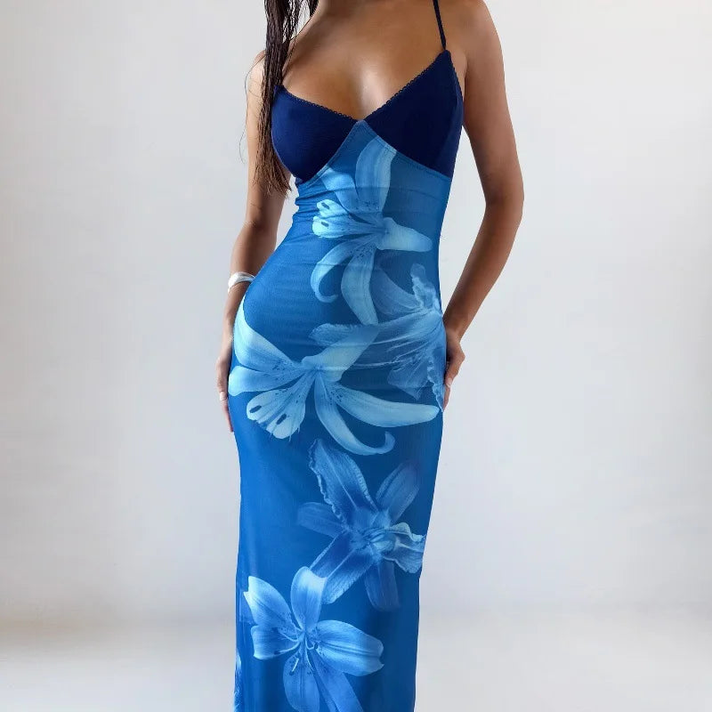 Blue floral backless maxi dress styled for summer and resort
