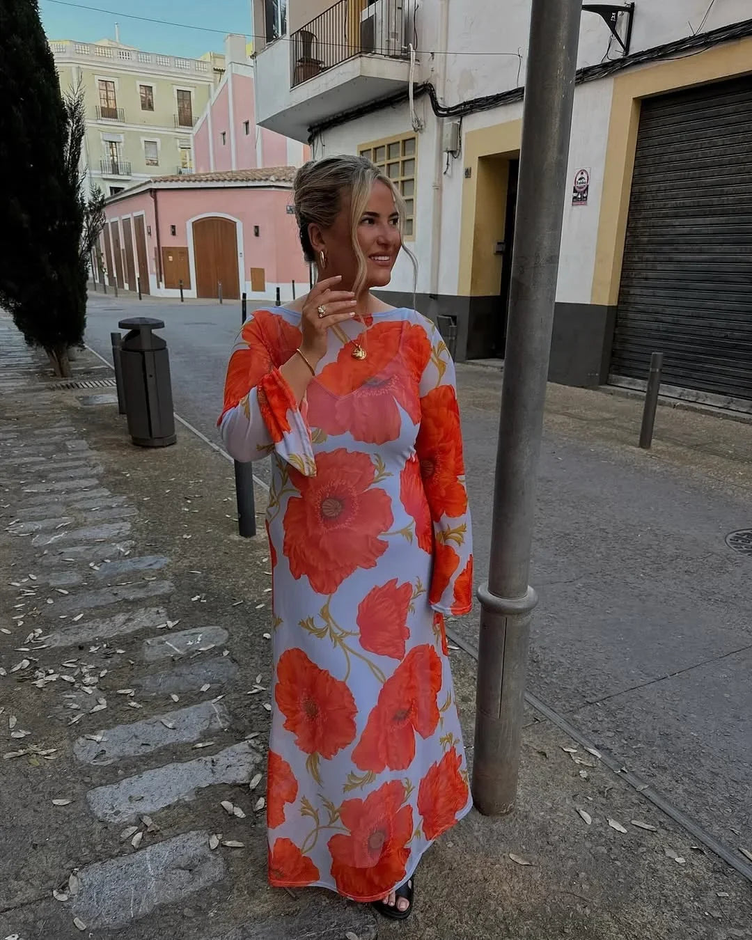 Poppy Floral Long-Sleeve Maxi Dress, Blue, Red