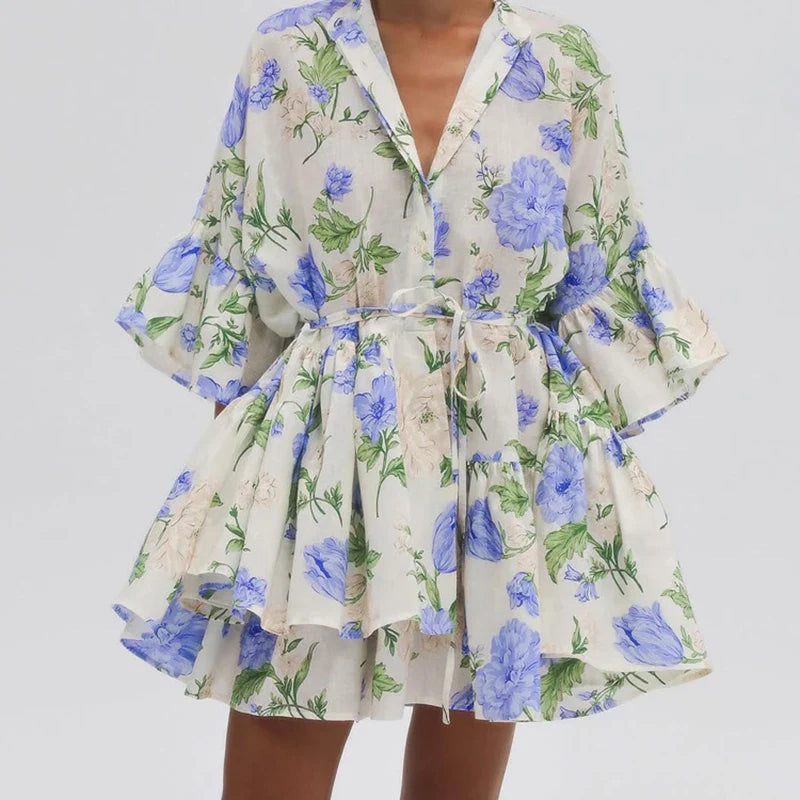 Blue Floral Print Lace Up Mini Dress – Autumn Stand Collar A-line Office Chic