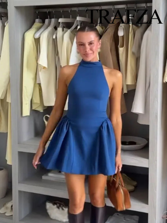 Blue Folded Mini Dress | Sleek Halter A-Line Summer Look