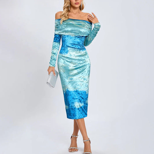 Blue Gradient Tie Dye Off Shoulder Midi Dress | Party Elegance