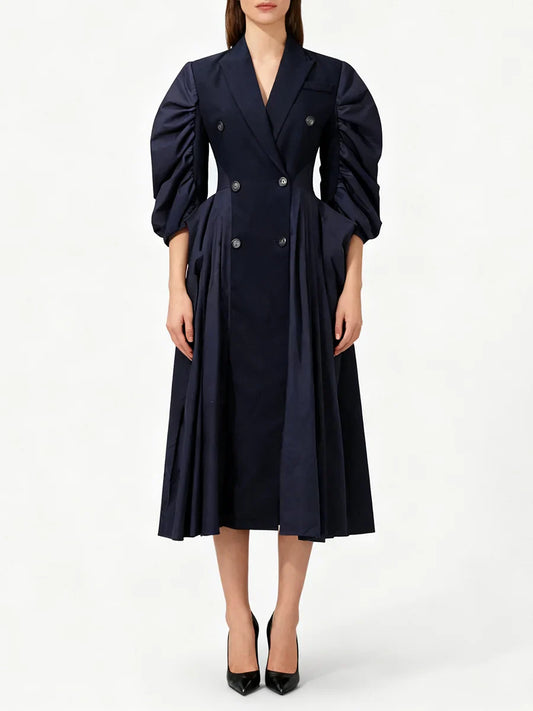 Blue Puff-Sleeve Double-Breasted Pleated Midi Dress