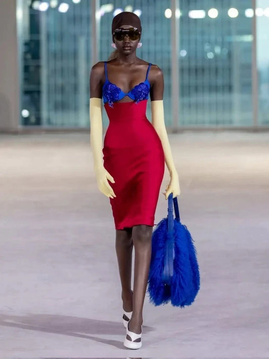 Blue & Red Appliqué Sheath Dress | Runway-Inspired Party Look