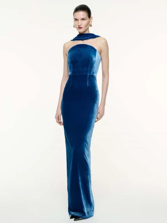 Blue Velvet Strapless Pleated Dress | Backless Bodycon Gown