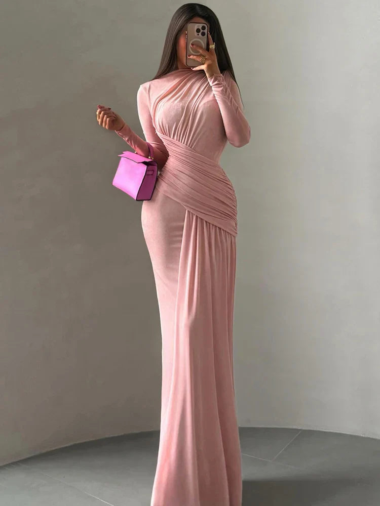 Blush Pink Ruched Drape Maxi Dress | Long Sleeve Formal Gown