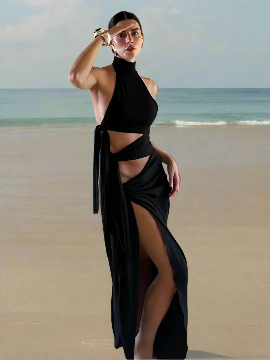 Black Hollow Out High Split Maxi Dress – Sleeveless Club Party Gown