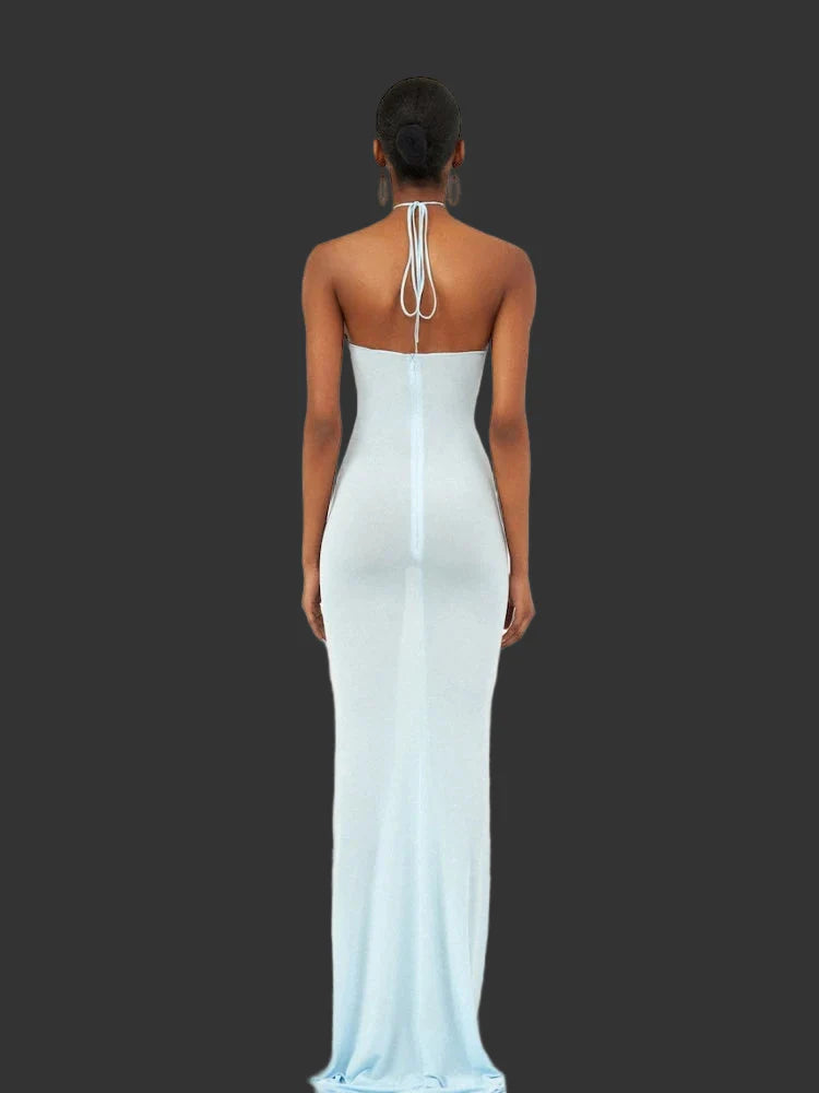 Light Blue Halter 3D Flower Dress |Bodycon Evening Gown