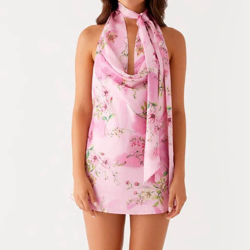 Pink Floral Halter Mini Dress – Backless