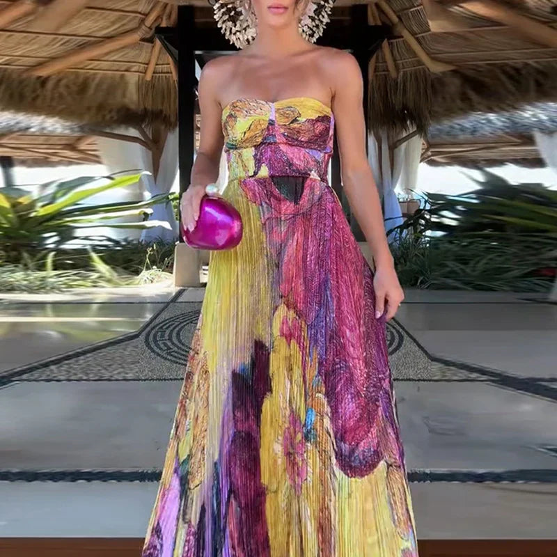 Boho Floral Maxi Dress | Strapless Pleated Beachwear
