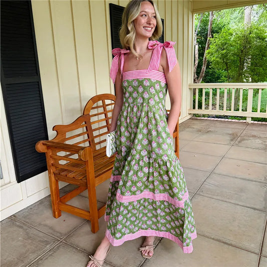 “Boho green and pink floral maxi dress with tie shoulders