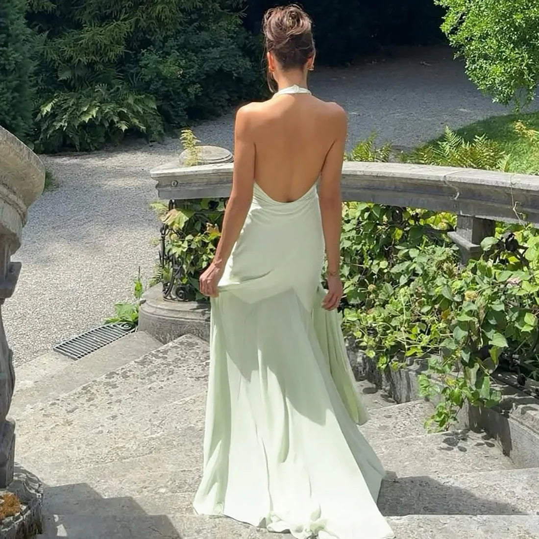 Green Halter Deep V Backless Maxi Dress