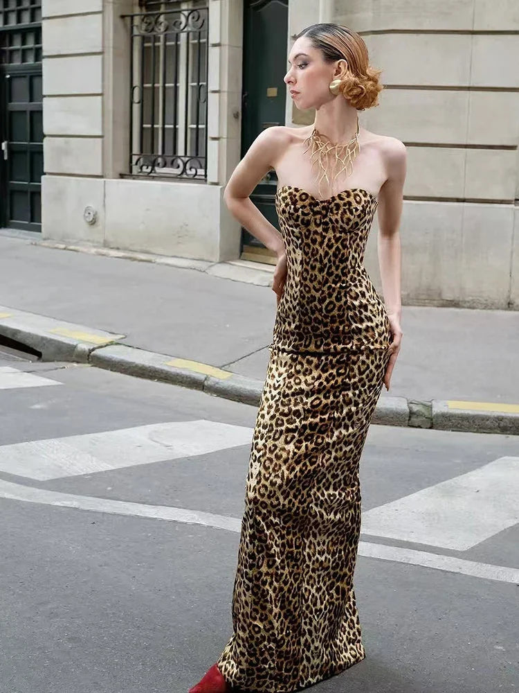 Strapless Leopard Print Gown | Backless Sheath Party Dress