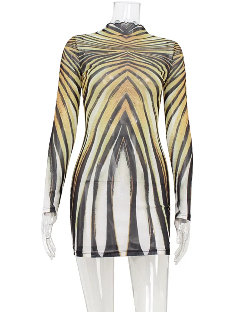 Psychedelic Print Sheer Turtleneck Mini Dress