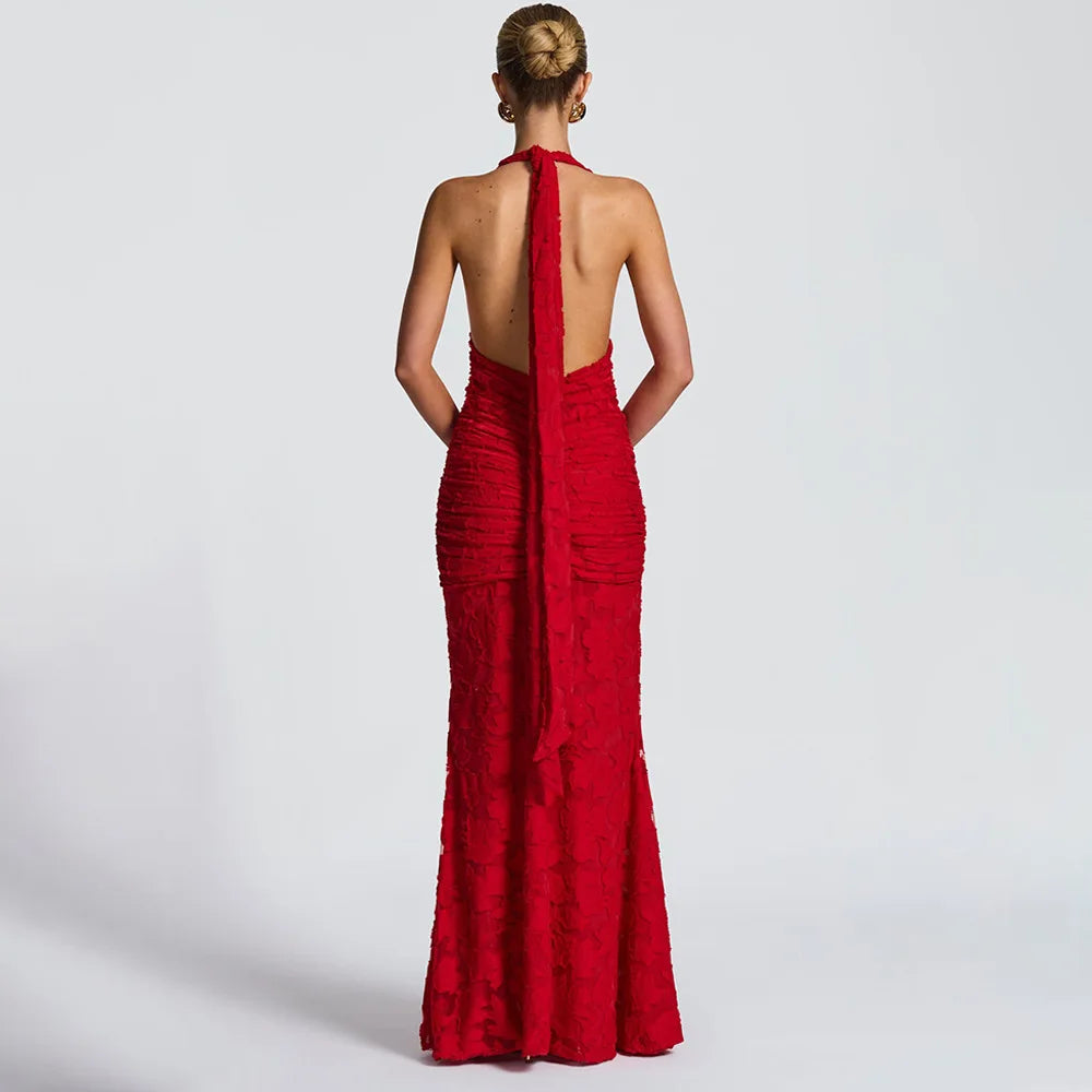 Red Halter Backless Maxi Dress | Elegant Empire Waist Gown