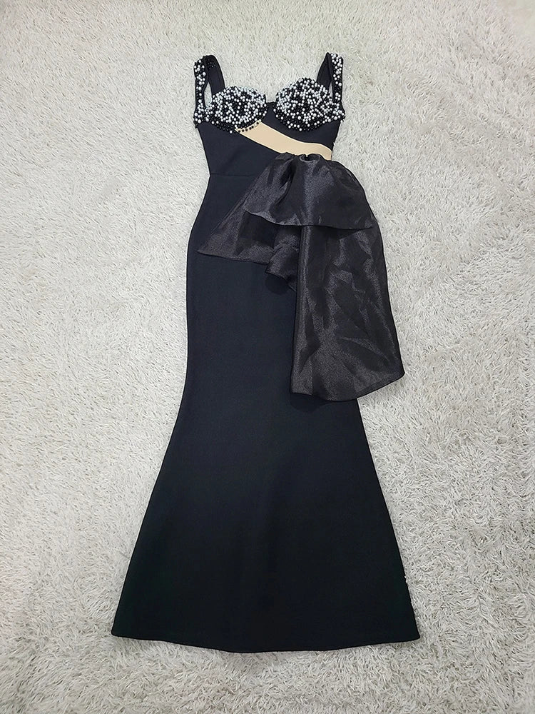 Black Embroidered Bow Gown | Modern Spaghetti Strap Evening