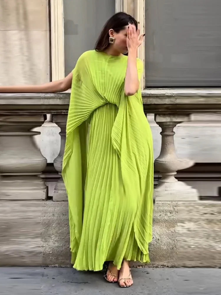 Chic Lime Green Pleated Maxi Dress – Backless
