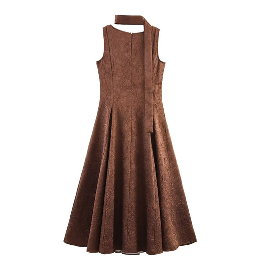 Brown A-Line Midi Dress | Princess Style with Sash Detail