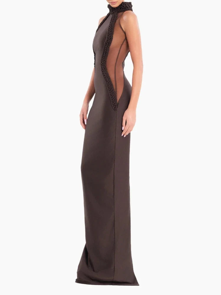 Brown Halter-Neck Mesh Patchwork Maxi Dress