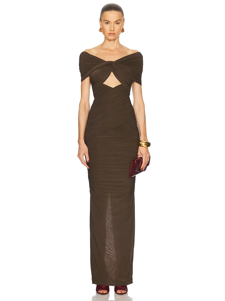 Brown Off Shoulder Hollow Out Evening Dress | V Neck Slim Party Gown