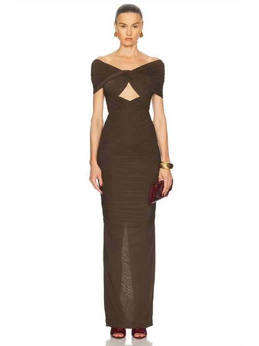 Brown Off Shoulder Hollow Out Evening Dress | V Neck Slim Party Gown