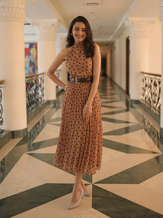 Brown Polka Dot Pleated Halter Dress | Belted Autumn Midi