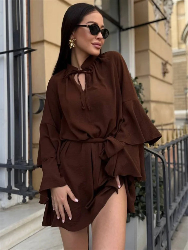 Brown Ruffle Mini Dress | Lace-Up V-Neck City Chic Silhouette
