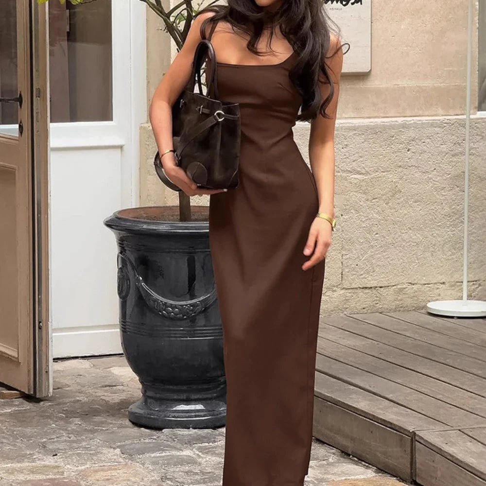 Brown Square Neck Maxi Dress | Vintage Spaghetti Strap Gown