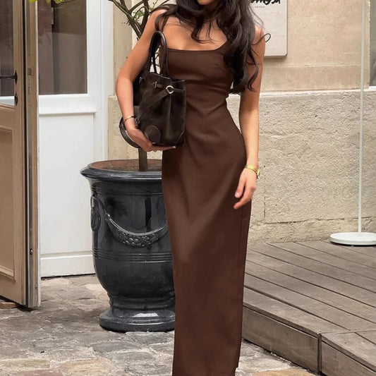 Brown Square Neck Maxi Dress | Vintage Spaghetti Strap Gown