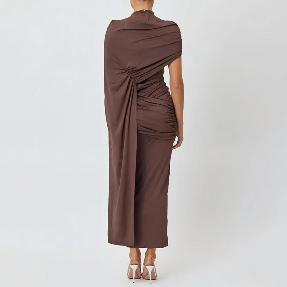 Brown Draped Stand-Neck Cape Sleeve Maxi Dress