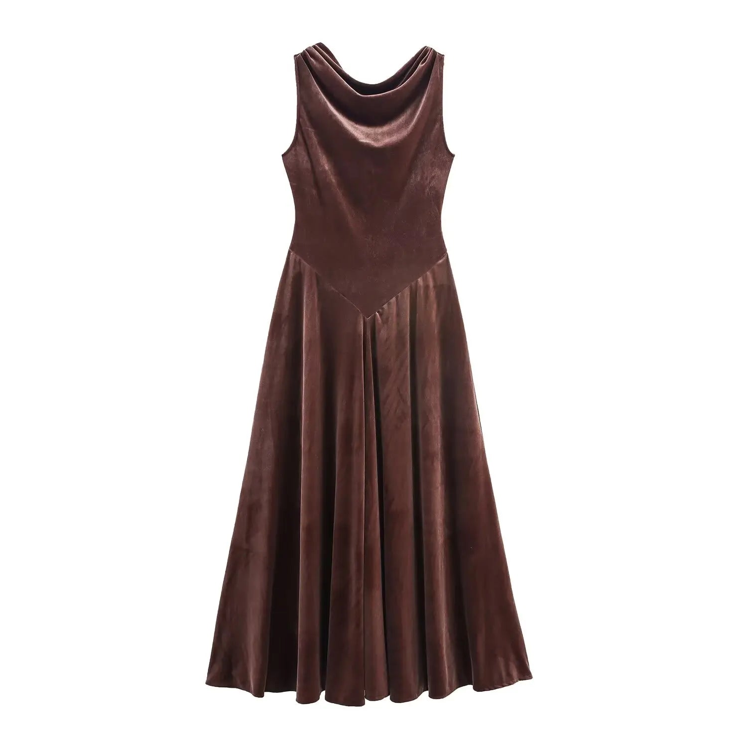 Brown velvet cowl neck midi dress for vintage autumn events