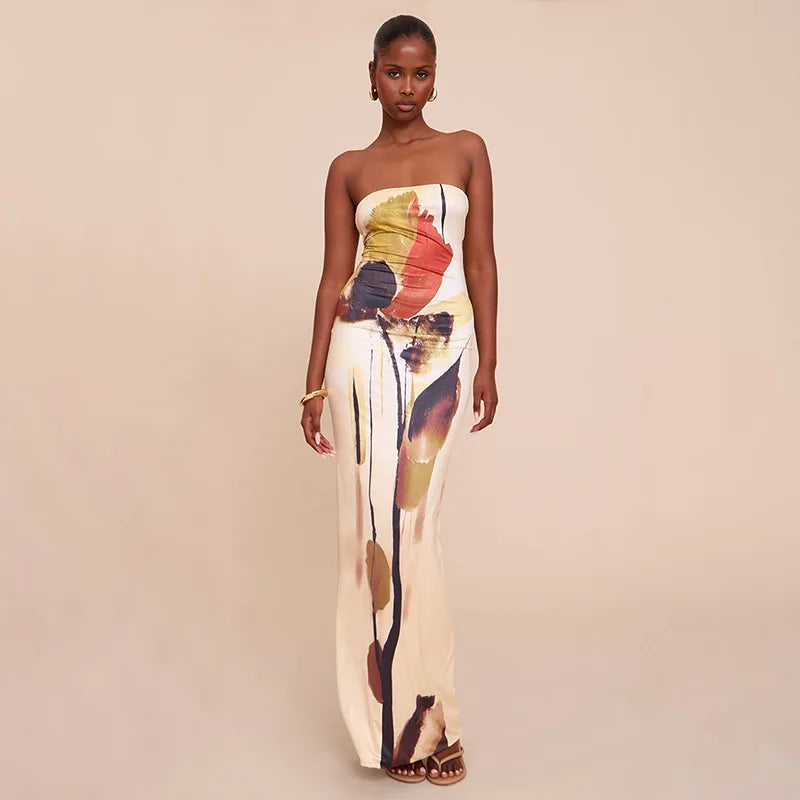 Elegant Strapless Abstract Print Maxi Dress