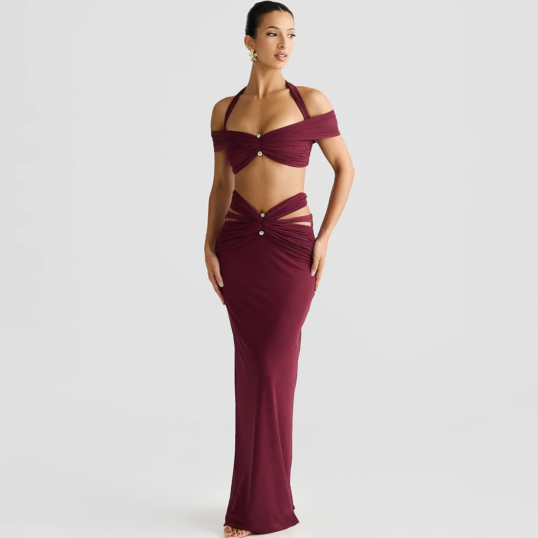 Burgundy Cutout Halter Two-Piece Set, Maxi Skirt