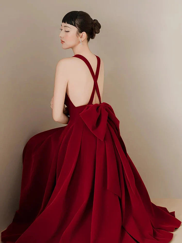 Burgundy Bow Backless Hollow Out A-Line Dress | O Neck Evening Gown