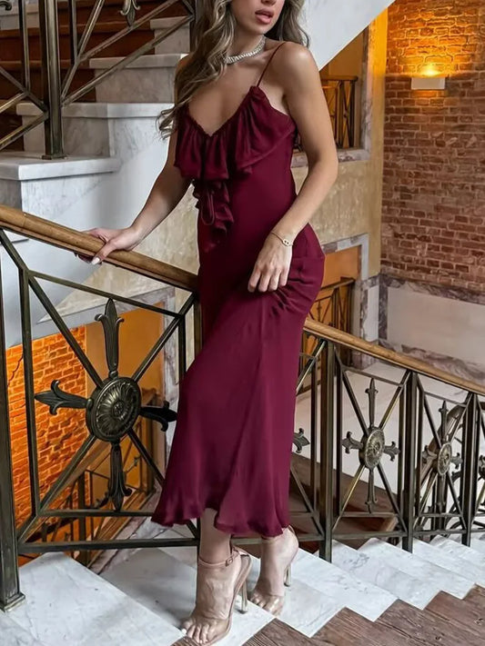 Burgundy Chiffon Tiered Slip Dress | Summer Ankle-Length Gown
