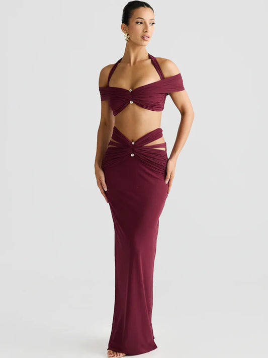 Burgundy Cutout Halter Two-Piece Set, Maxi Skirt