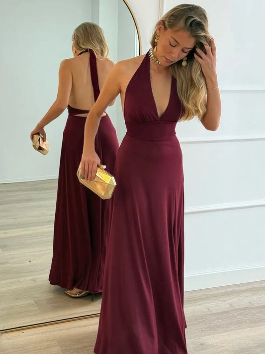 Burgundy Halter Backless Gown | Ankle-Length Party Elegance