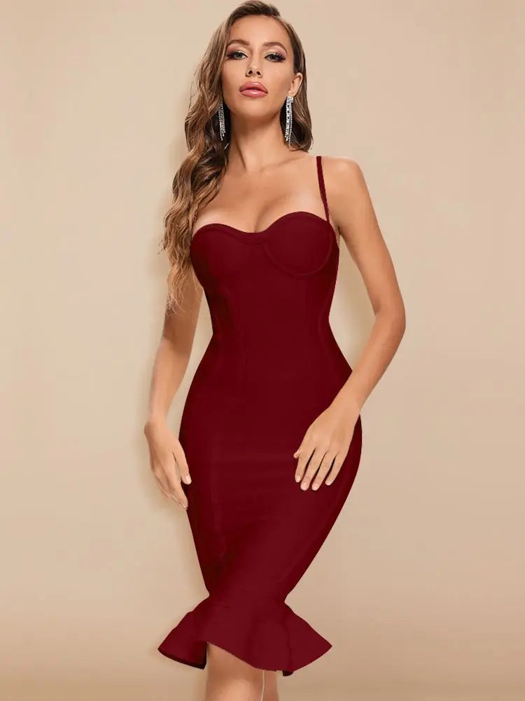Burgundy Spaghetti Strap Mermaid Midi Dress | Sculpted Bandage