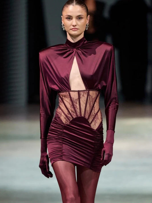 Burgundy Mesh Corset Mini Dress | Lace Detail Runway Look
