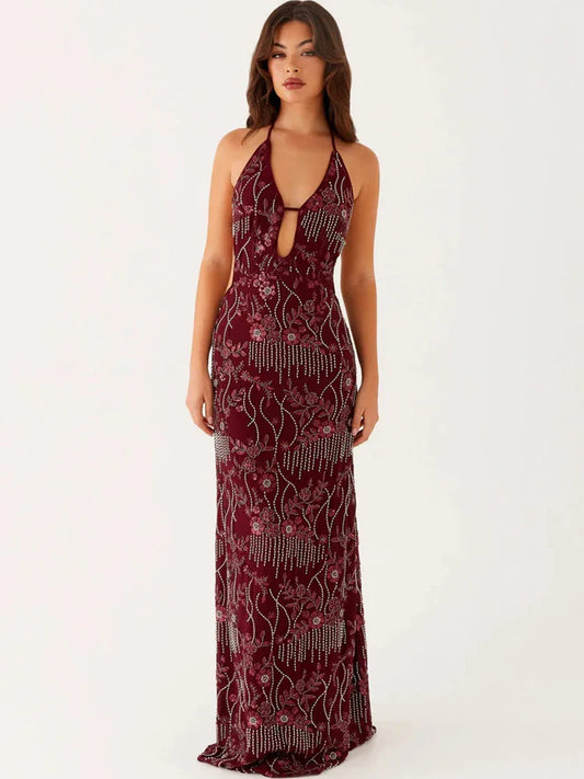 Burgundy sequin halter gown styled for formal events and weddings