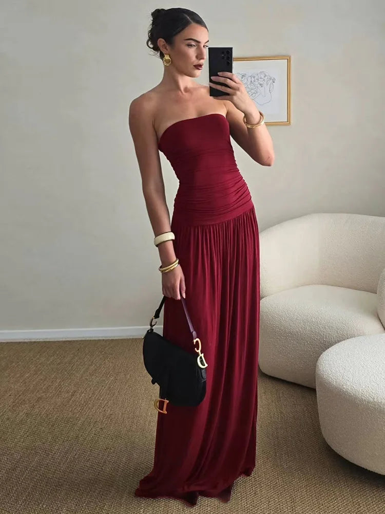 Burgundy Strapless Gown | Floor-Length Minimalist Evening Dress