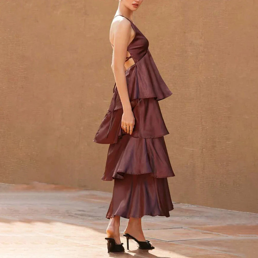 Burgundy Tiered Ruffle Maxi Dress | Deep V Sleeveless Party & Evening Wear