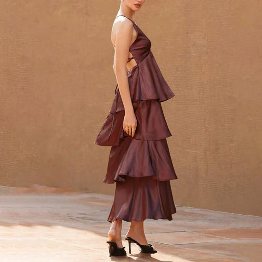 Burgundy Tiered Ruffle Maxi Dress | Deep V Sleeveless Party & Evening Wear