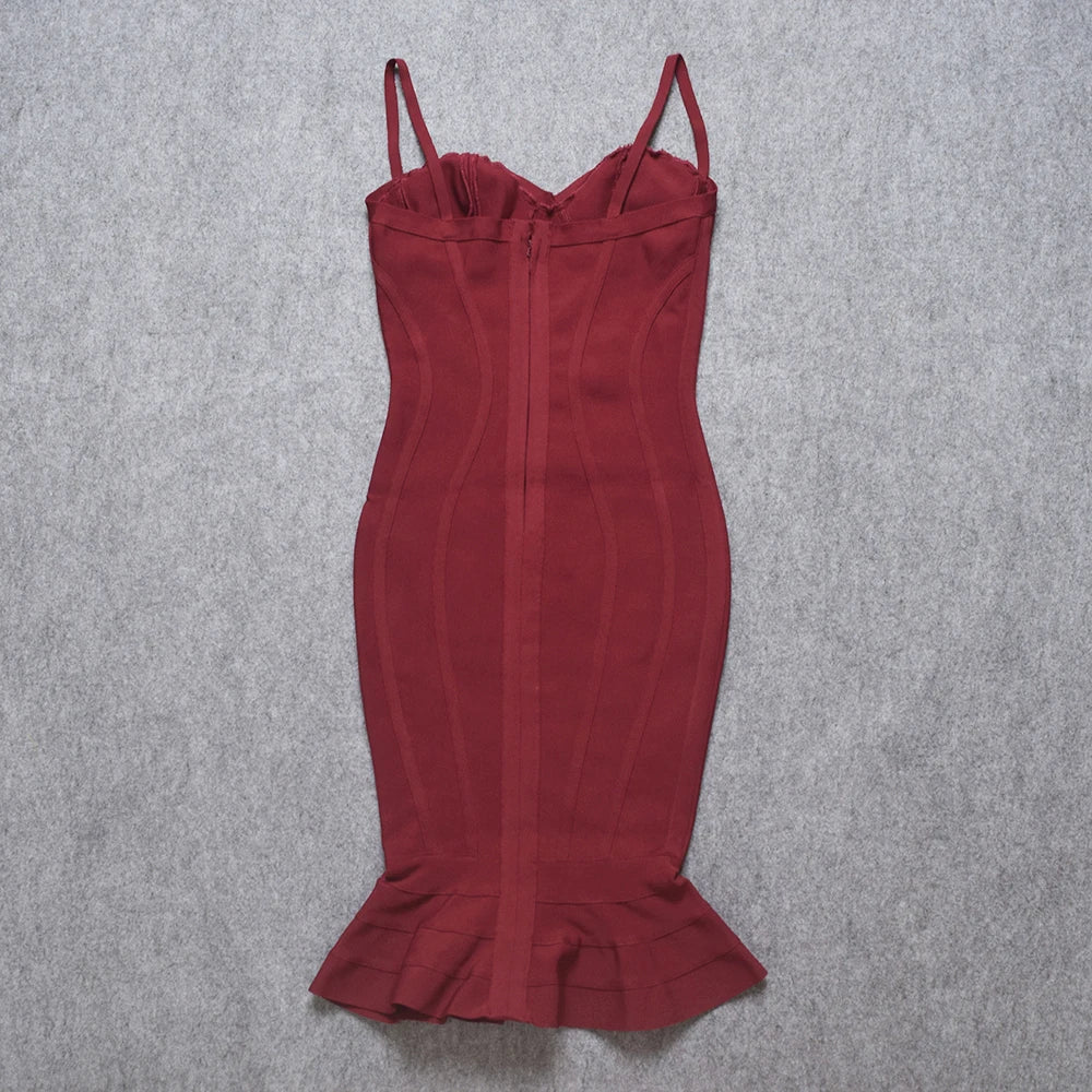 Burgundy Spaghetti Strap Mermaid Midi Dress | Sculpted Bandage