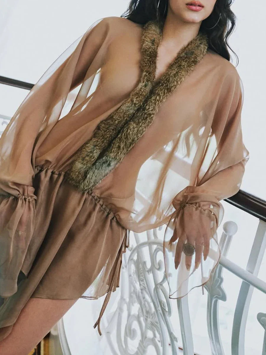 Beige Faux Fur Collar Mini Dress | Chic Butterfly Sleeve Evening