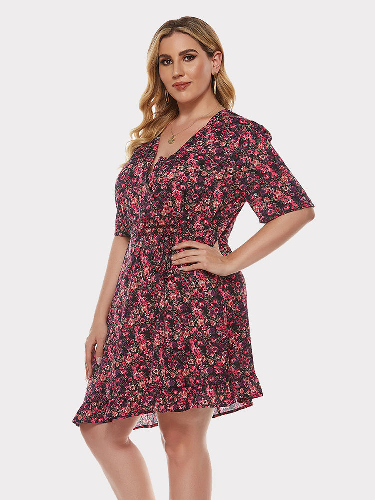 V Neck Print Lace Dress