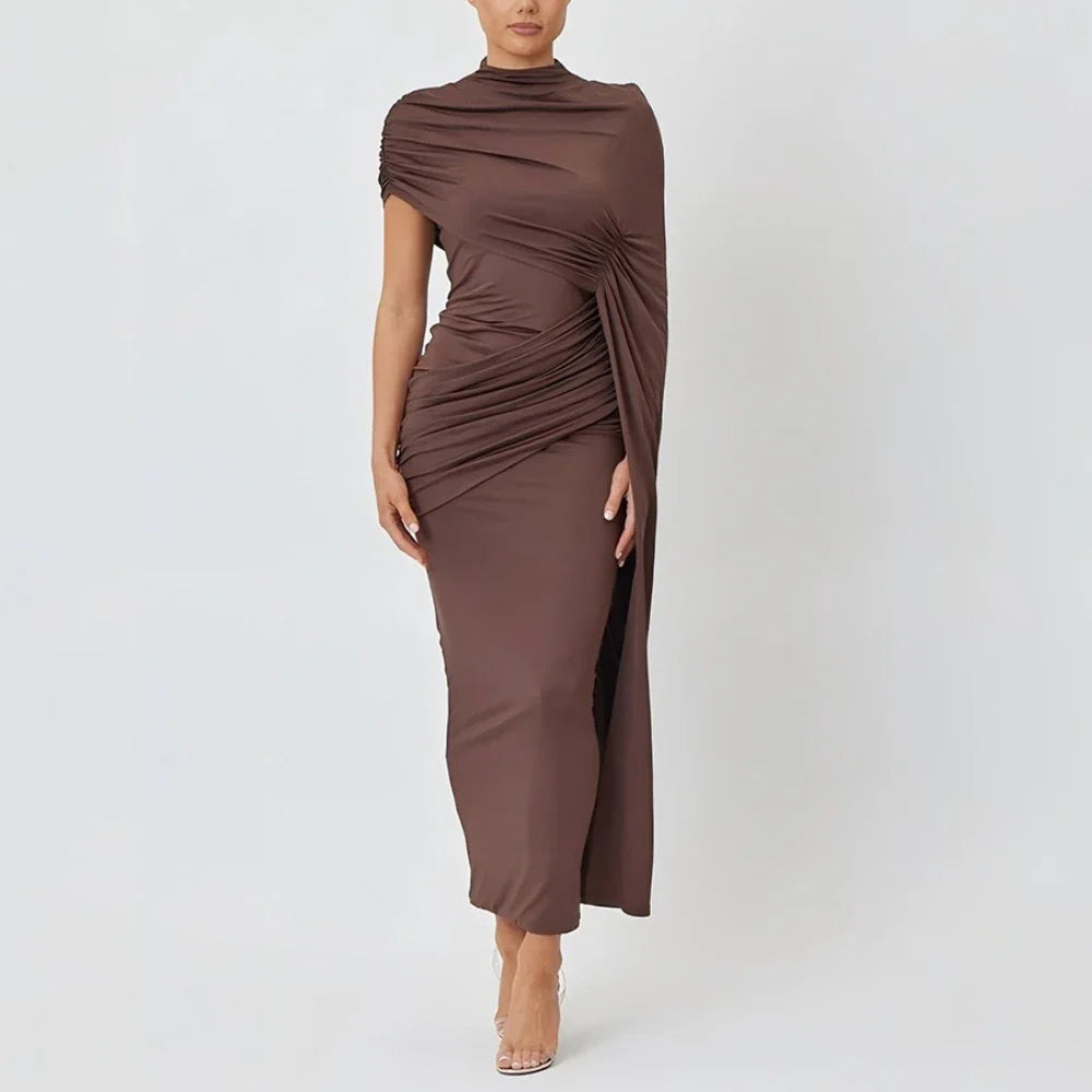 Brown Draped Stand-Neck Cape Sleeve Maxi Dress