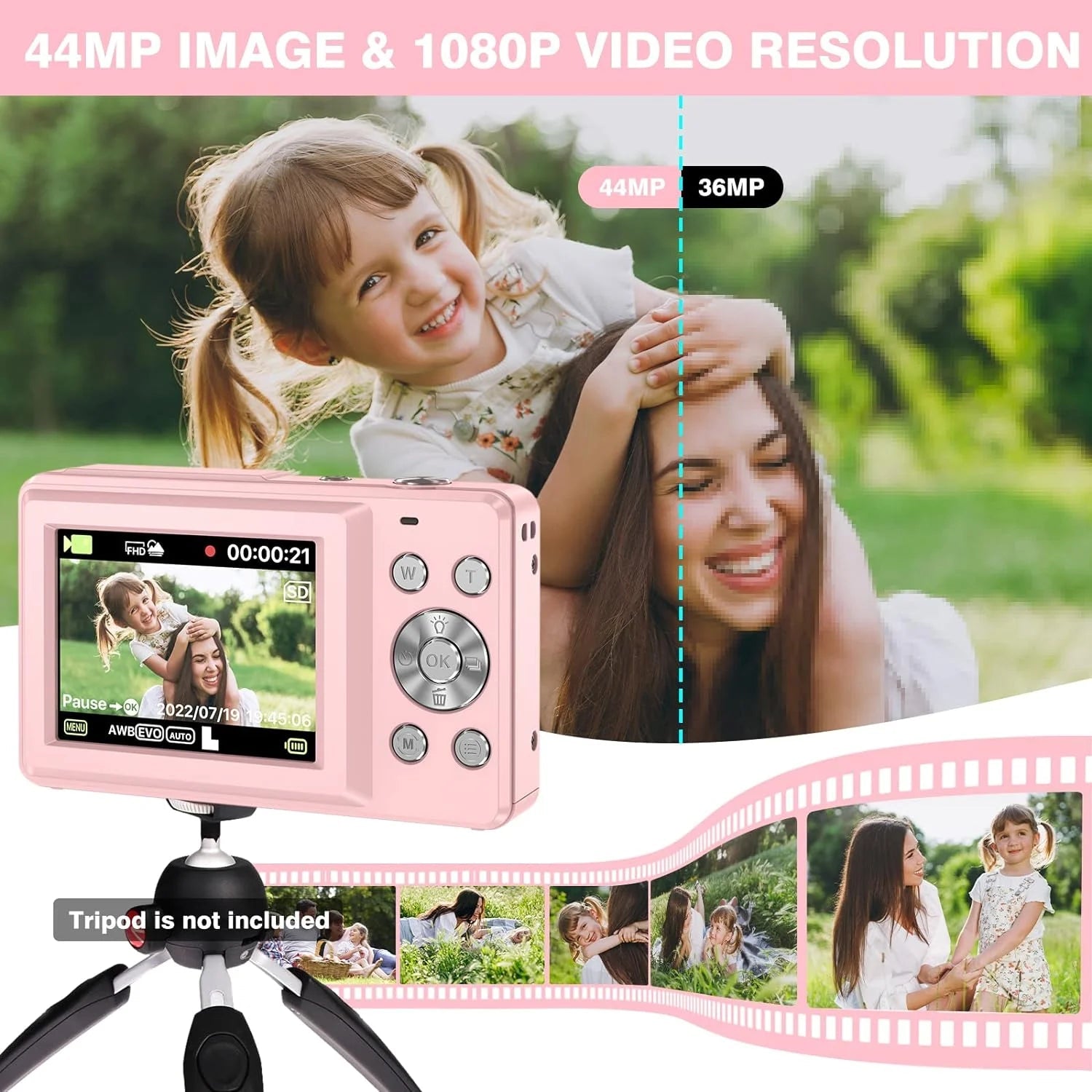 Digital Camera Kids Camera FHD 1080P 44MP Vlogging Camera with 16X Digital Zoom Portable Mini Digital Camera for Kids Teens Seniors with 32GB Card (Pink)