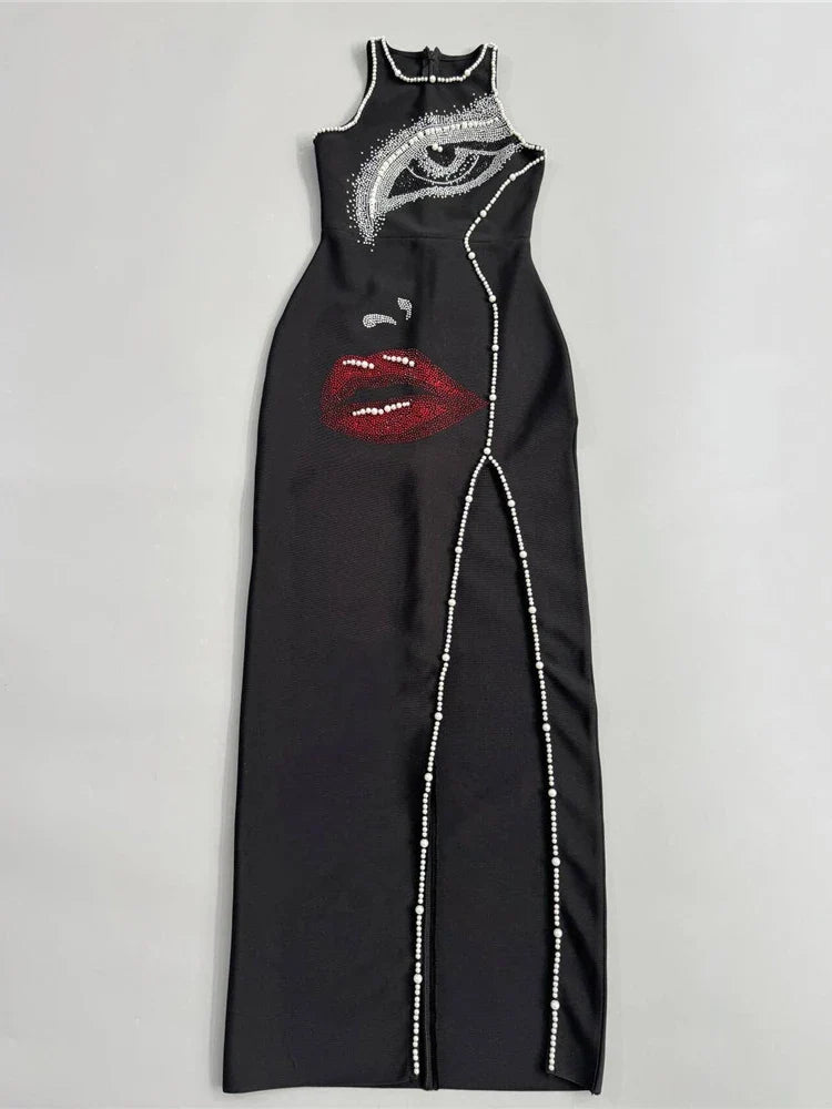 O-Neck Pearl & Crystal Beaded Bandage Dress